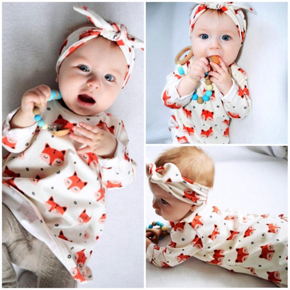 EG_ 2Pcs Newborn Baby Girls Foxes Pattern Cotton Long Sleeve Dress Headband Witt 