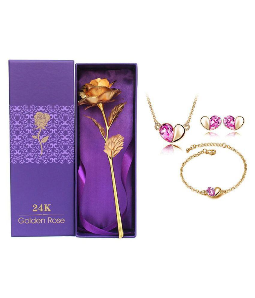     			YouBella Combo of Multicolour Gold Plated Rose Flower, Heart Shape Crystal Pendant Necklace, Earrings and Bangles for Women