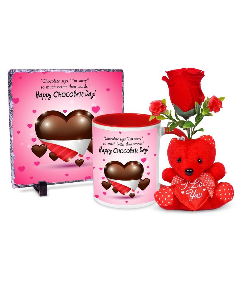 Chocolate Say I am sorry Chocolate Day Valentines Day Rock Tile Frame & Mug Hamper with 1 Rose
