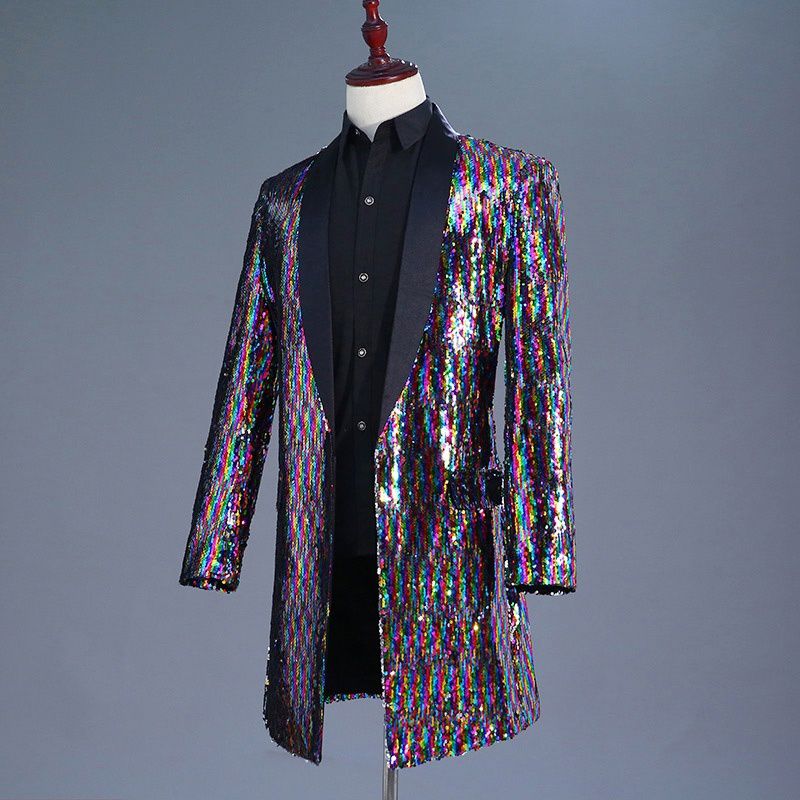 Haorun Men Multi Color Glitter Sequins Longline Jacket Suit Blazer ...