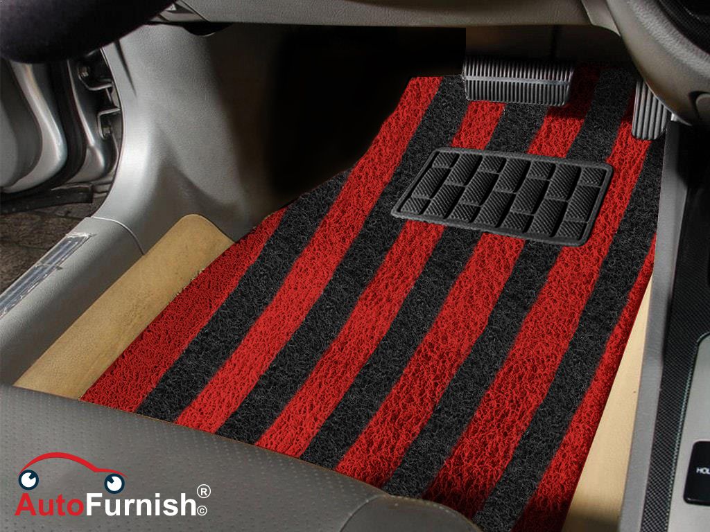 Autofurnish Anti Skid Curly Car Foot Mats Black Red Arc Stripe For Toyota Fortuner Universal Size Custom Fit