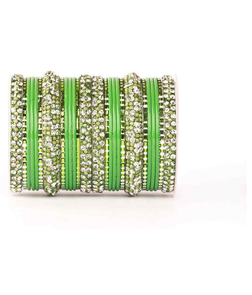 Lac stone pattern bangle set for two hands by Leshya All green Buy Lac