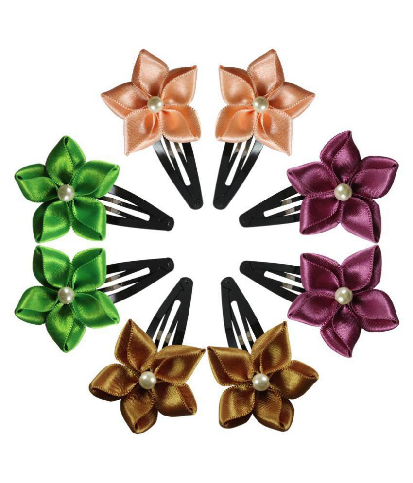 Pair of 4 Multicolor Ribbon Flower Hair Clips
