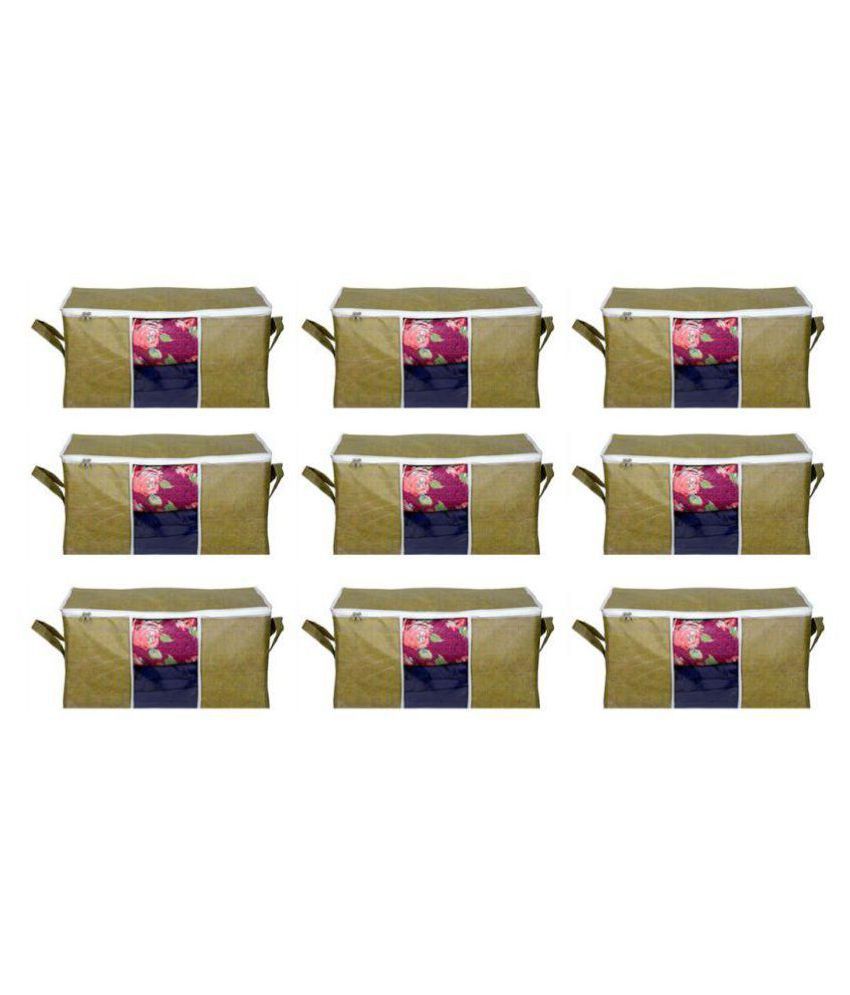     			Prettykrafts Set of 9 Underbed/Cupboard Storage Box/Basket/Bag, Storage Organizer, Blanket Cover with Side Handles - Green