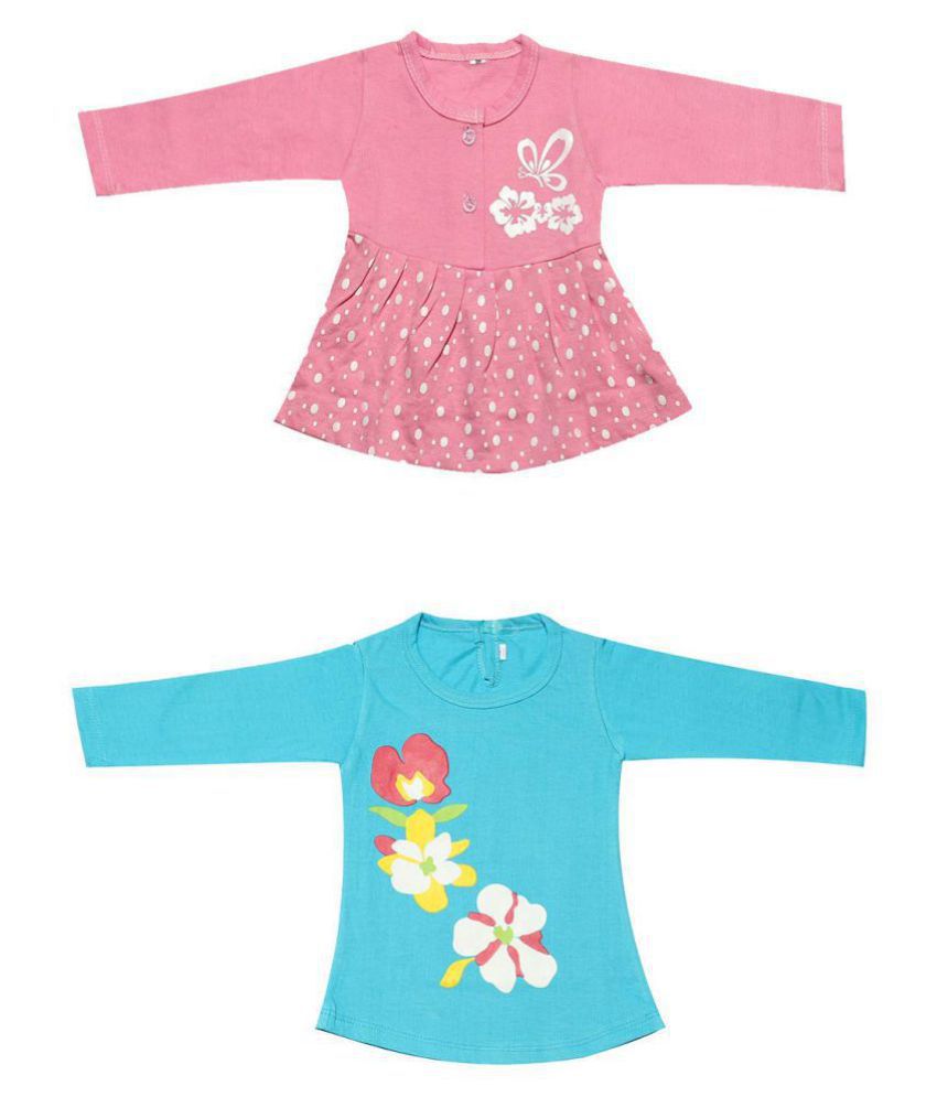     			Babeezworld Regular Daily Wear Baby Girl's Cotton Full Sleeves Vest  Jhabla Frock Dress & Girl Printed Cotton Full Sleeve Tshirt Set (Kids Combo Pack Of 2)