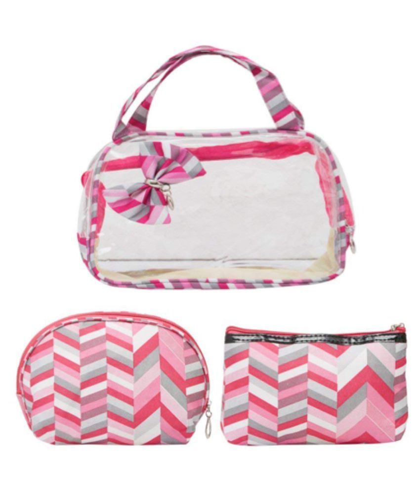 EZ Life 3 Pieces Cosmetic Travel Kit Pink Zigzag Pvc amp; Polyesther Makeup/Bra/Lingerie Organizer