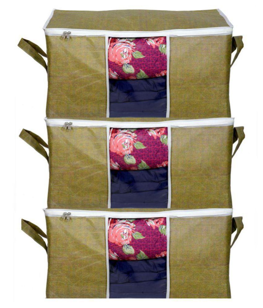     			Prettykrafts Set of 3 Underbed Storage Box/Basket/Bag, Storage Organizer, Blanket Cover with Side Handles - Green