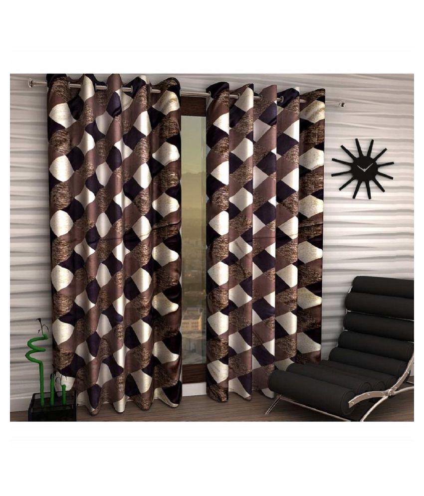     			Panipat Textile Hub Floral Semi-Transparent Eyelet Door Curtain 7 ft Pack of 2 -Brown