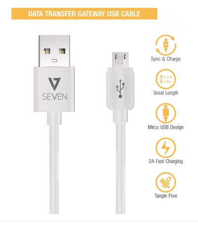 V7 Micro USB Cable 2.0 Amp Fast Charging High Speed Data Cable 1 M Micro USB Cable All Phones With Micro USB Port, White, Sync and Charge Cable