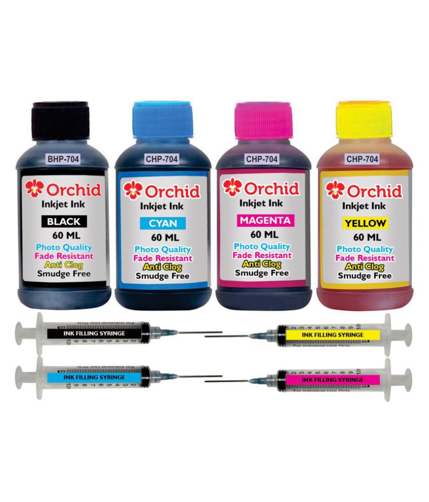 Orchid Multicolor Four bottles Refill Kit for HP 704 black & color ink cartridge (Photo quality smudge free ink 240 ml, ink filling tools)