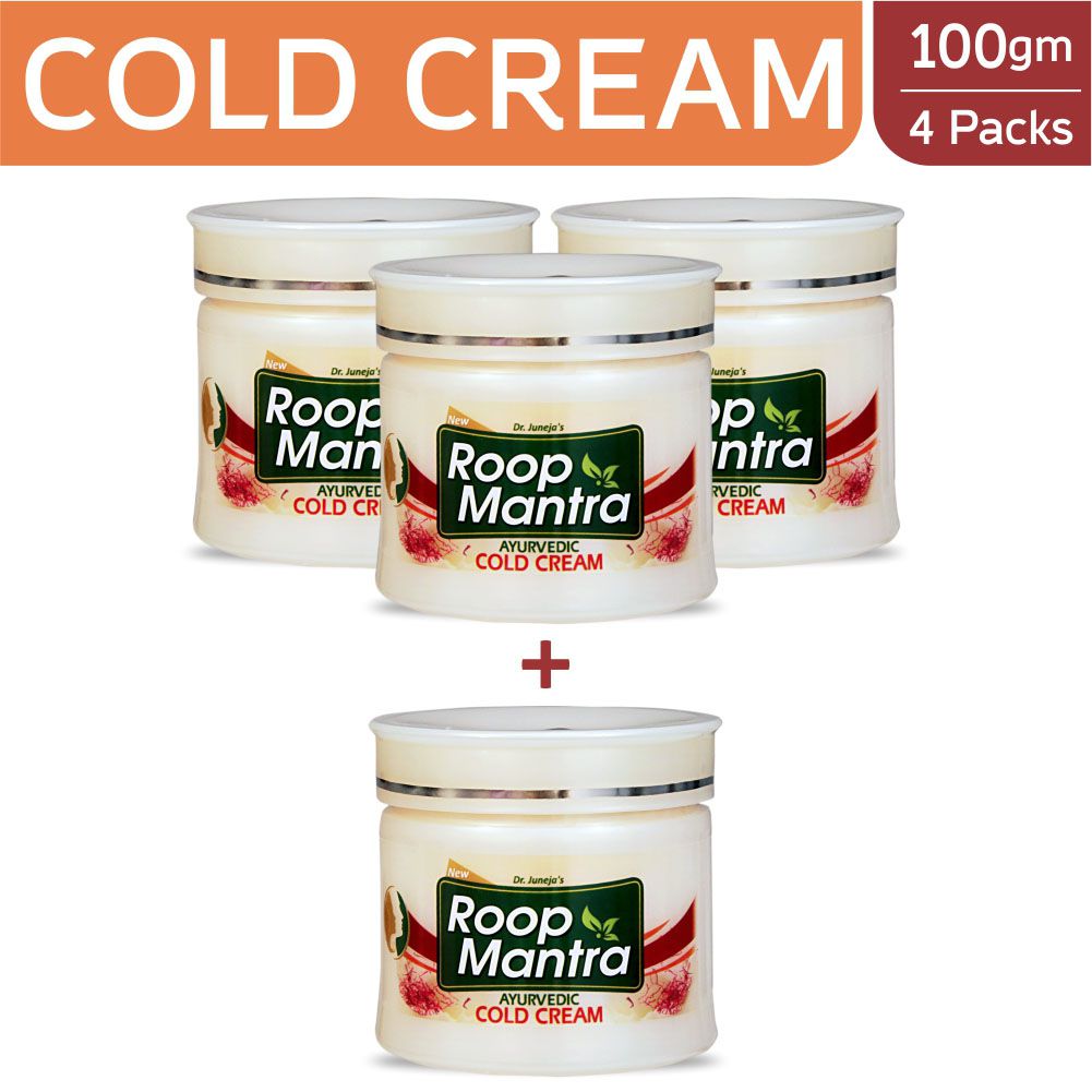 Roop Mantra Cold Cream 100gm, Pack of 3+1 (NON STICKY COLD CREAM, Moisturizing Cream with Natural Ingredients, Kesar Malai Body Cream)