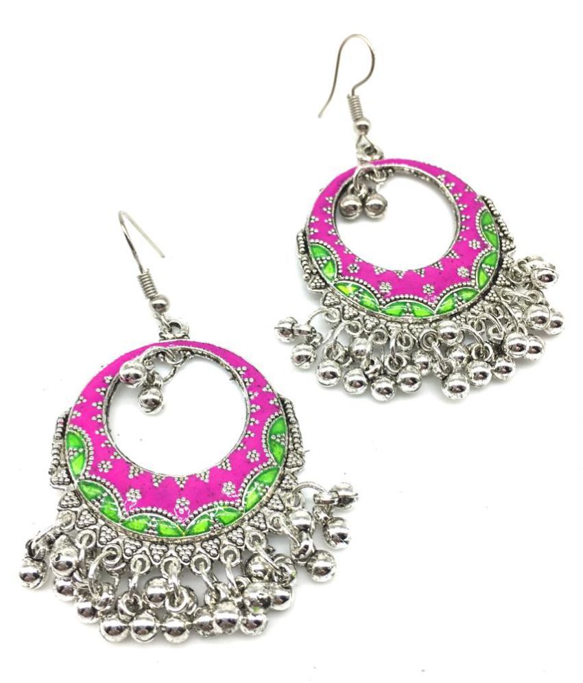     			Digital Dress Women's Oxidized Earrings Indian Traditional Light Weight Light Pink and Green Enamel Work Dangle Drop Round Design Silver-Plated Hook Earring for Women & Girls Fashion Imitation Jewellery