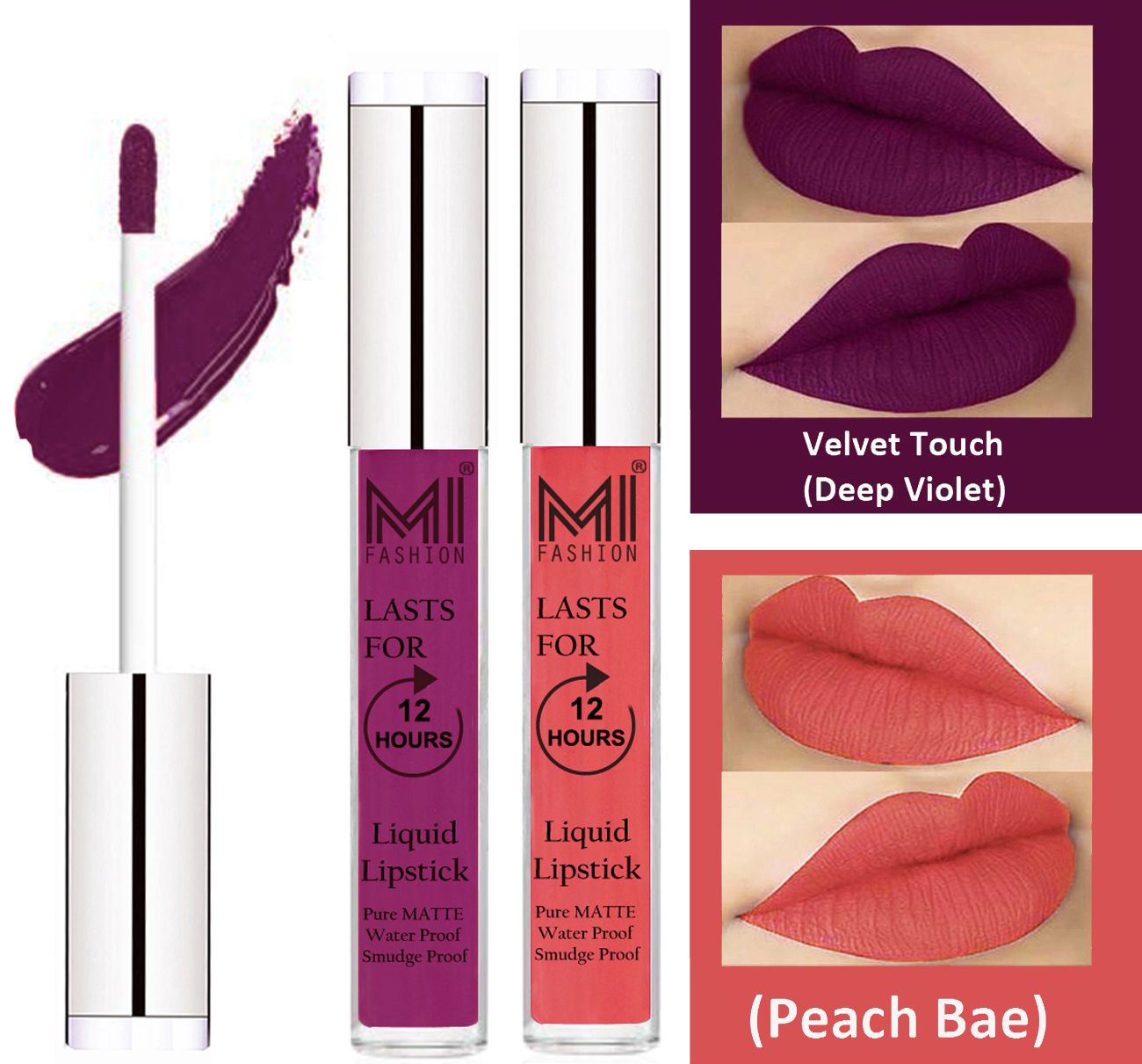     			MI FASHION Liquid Lipstick Deep Violet,Peach Bae 3 ml Pack of 2