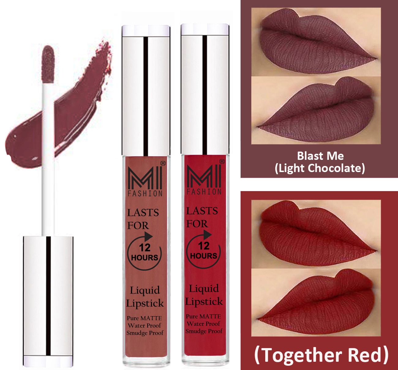     			MI FASHION Liquid Lipstick Light Chocolate ,Together Red 3 ml Pack of 2