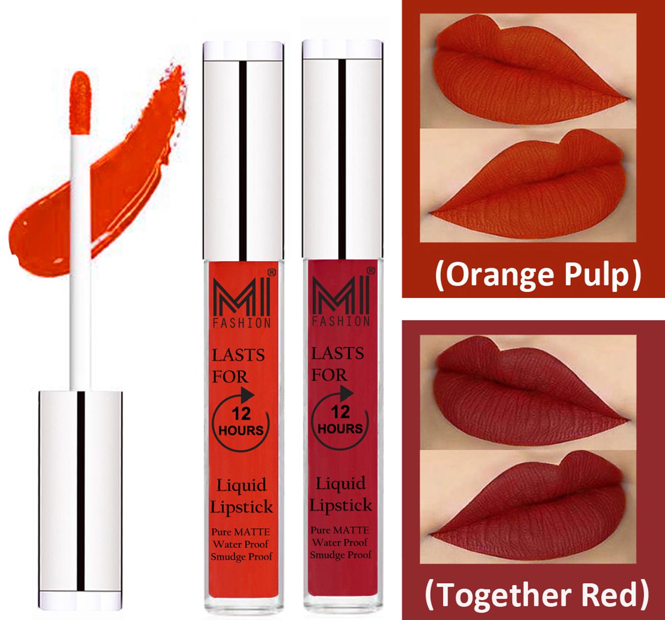     			MI FASHION Liquid Lipstick Orange Pulp,Together Red Pack of 2