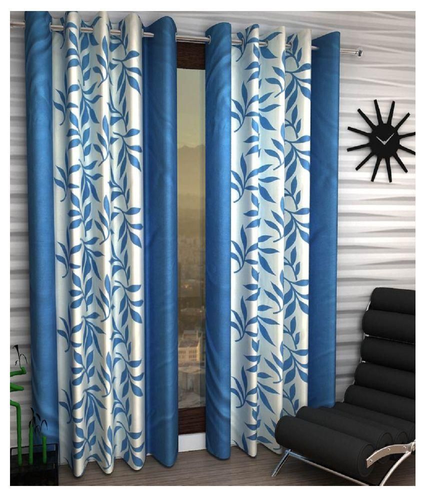     			Phyto Home Floral Semi-Transparent Eyelet Door Curtain 7 ft Pack of 4 -Light Blue