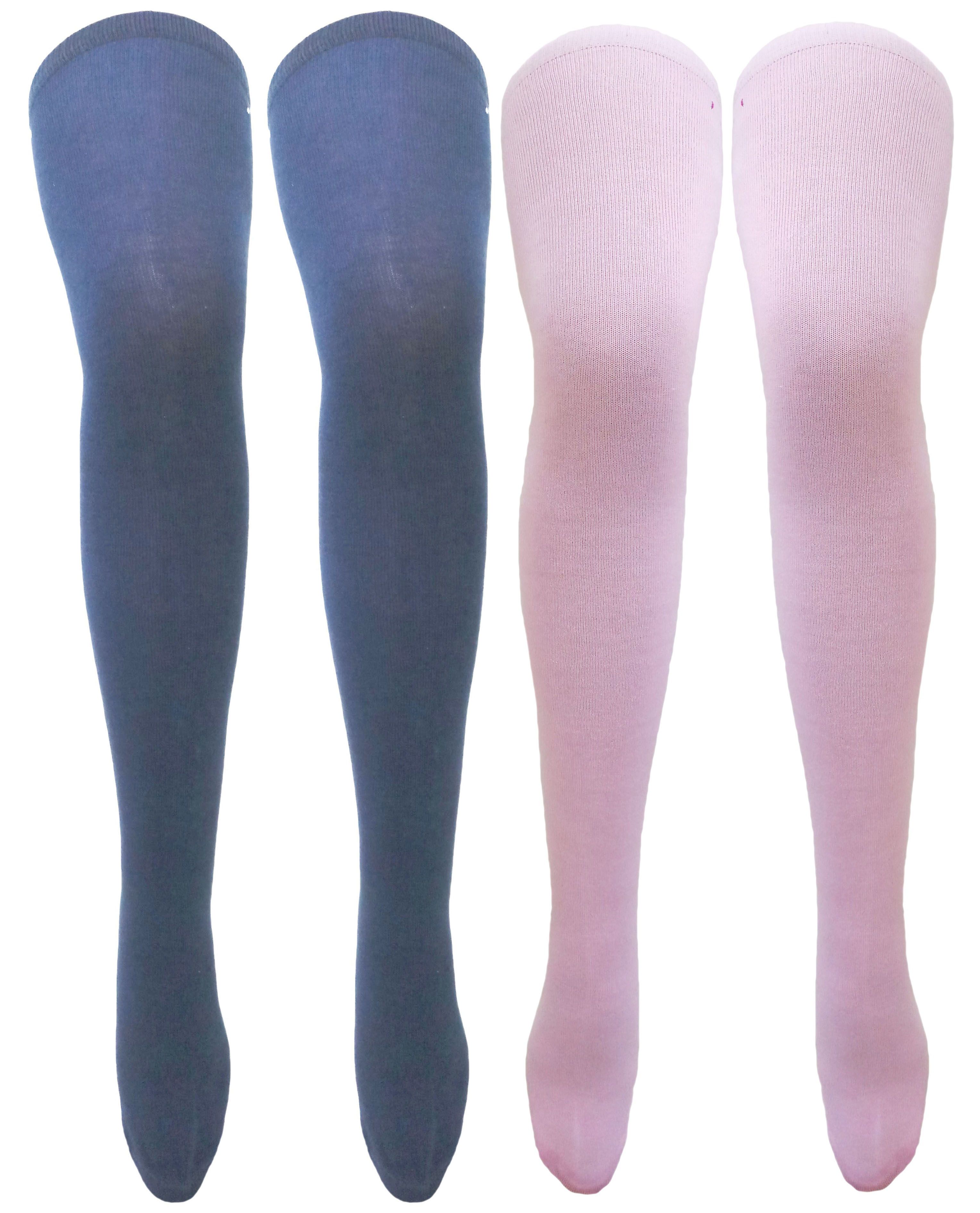     			Neska Moda Women’s 2 Pair Navy And Pink Plain Cotton Thigh-High Stockings