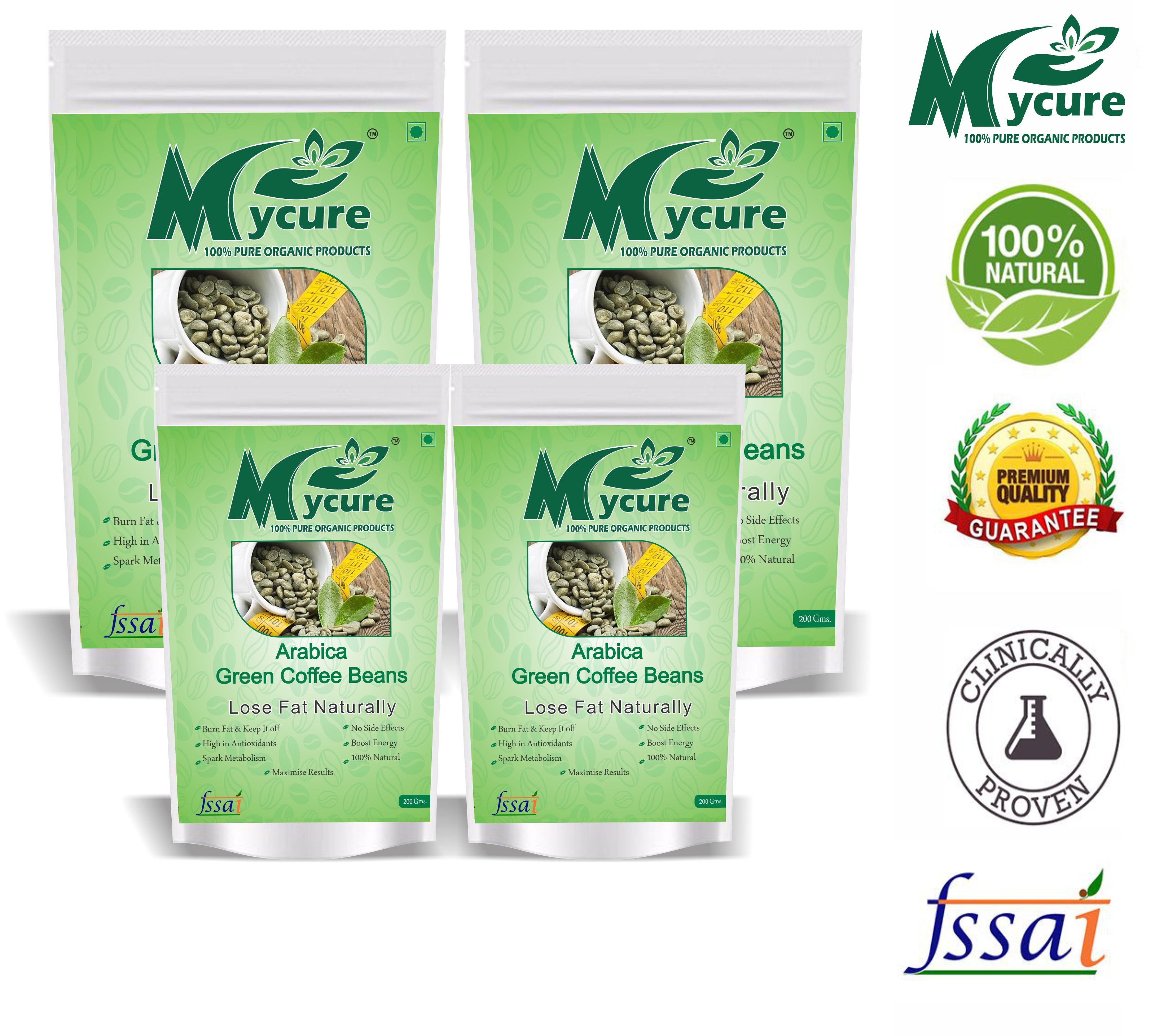 mycure Organic Green Coffee Beans 200 x 4 Grams 800 gm Fat Burner Beans Pack of 4