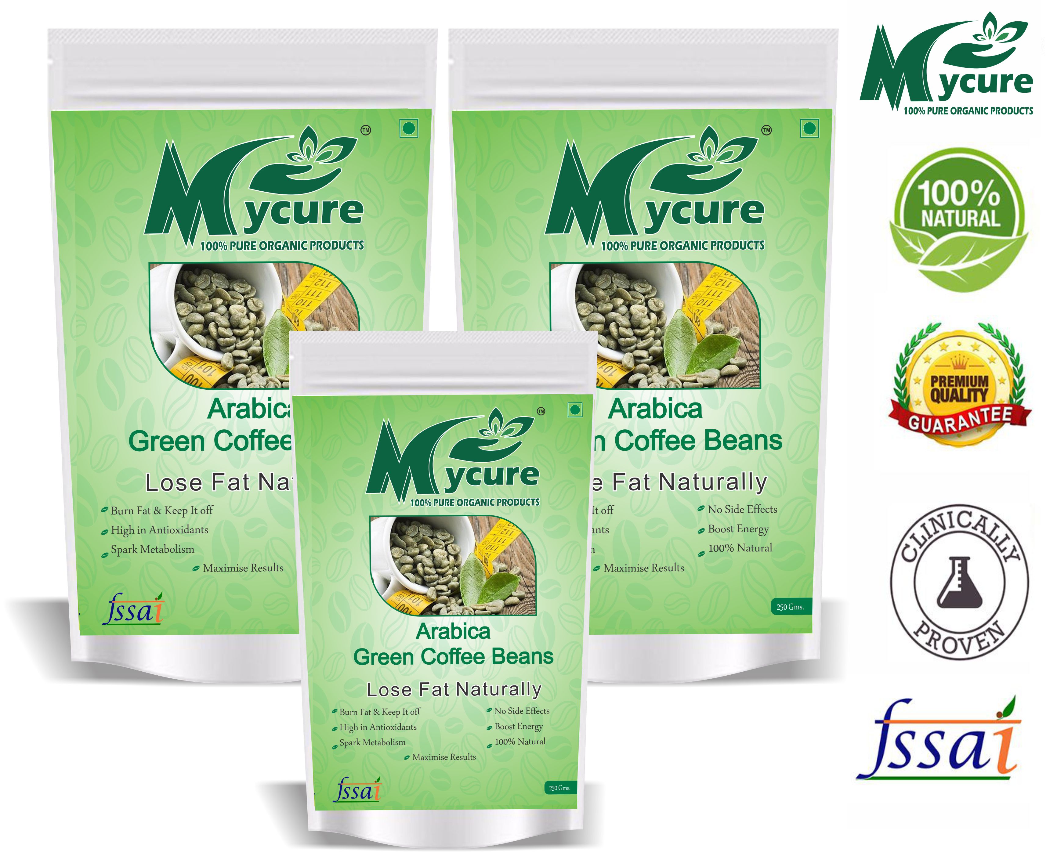 mycure Organic Green Coffee Beans 250 x 3 Grams 750 gm Fat Burner Beans Pack of 3