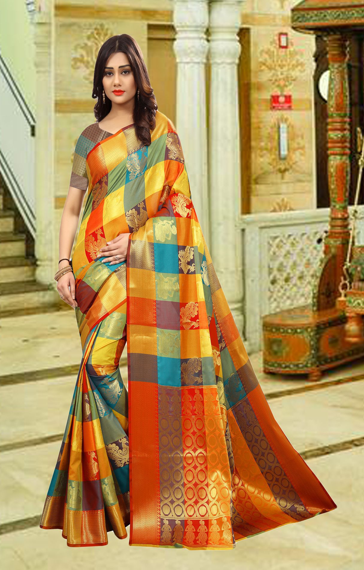 Silk Zone Multicoloured Kanchipuram Saree Buy Silk Zone Multicoloured Kanchipuram Saree Online 