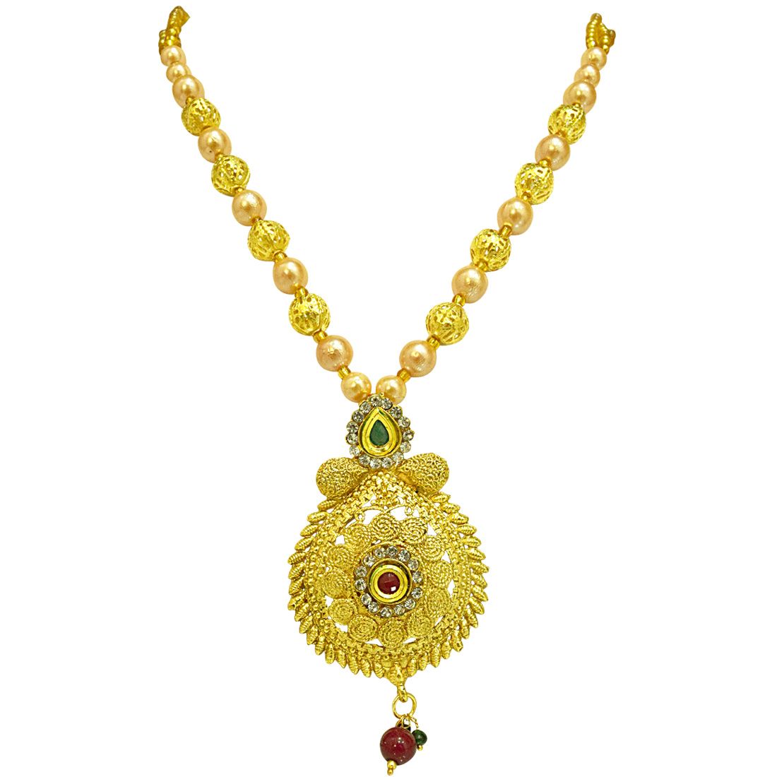 Surat Diamonds Spiral Design Colored Stone, Shell Pearl and Gold Plated