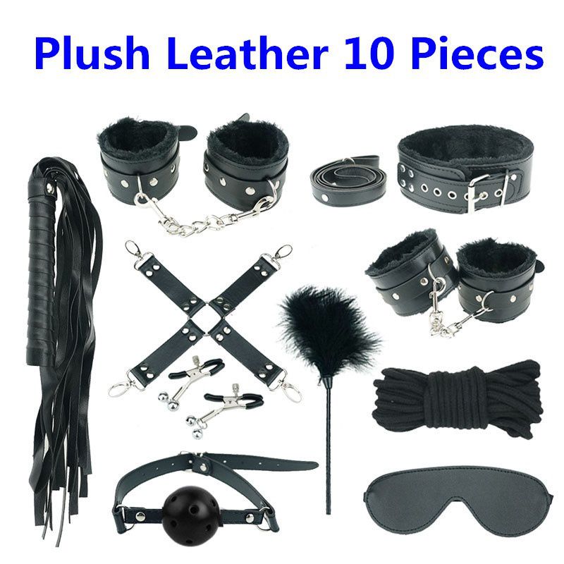 Bed Restraint Kit 10 Pcs Leather Material Black Bondage