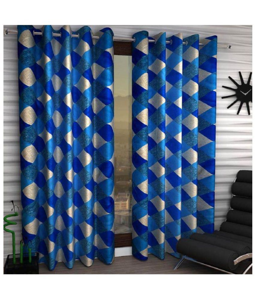     			Panipat Textile Hub Checks Semi-Transparent Eyelet Door Curtain 7 ft Pack of 8 -Blue
