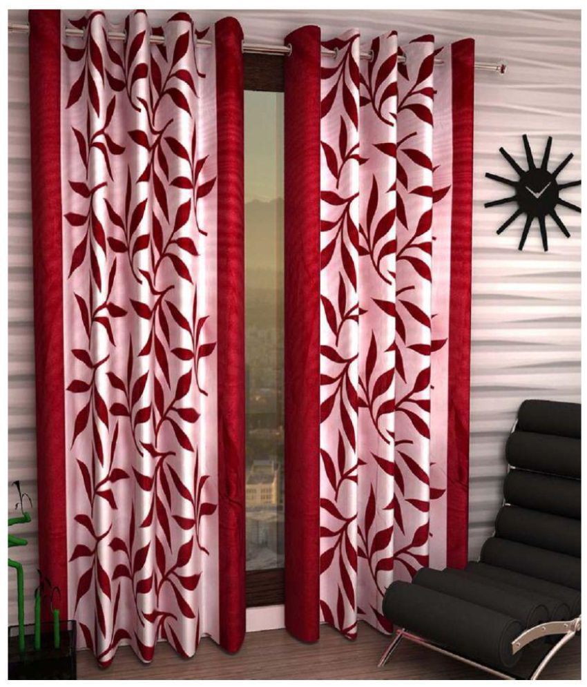     			Panipat Textile Hub Floral Semi-Transparent Eyelet Door Curtain 7 ft Pack of 8 -Red