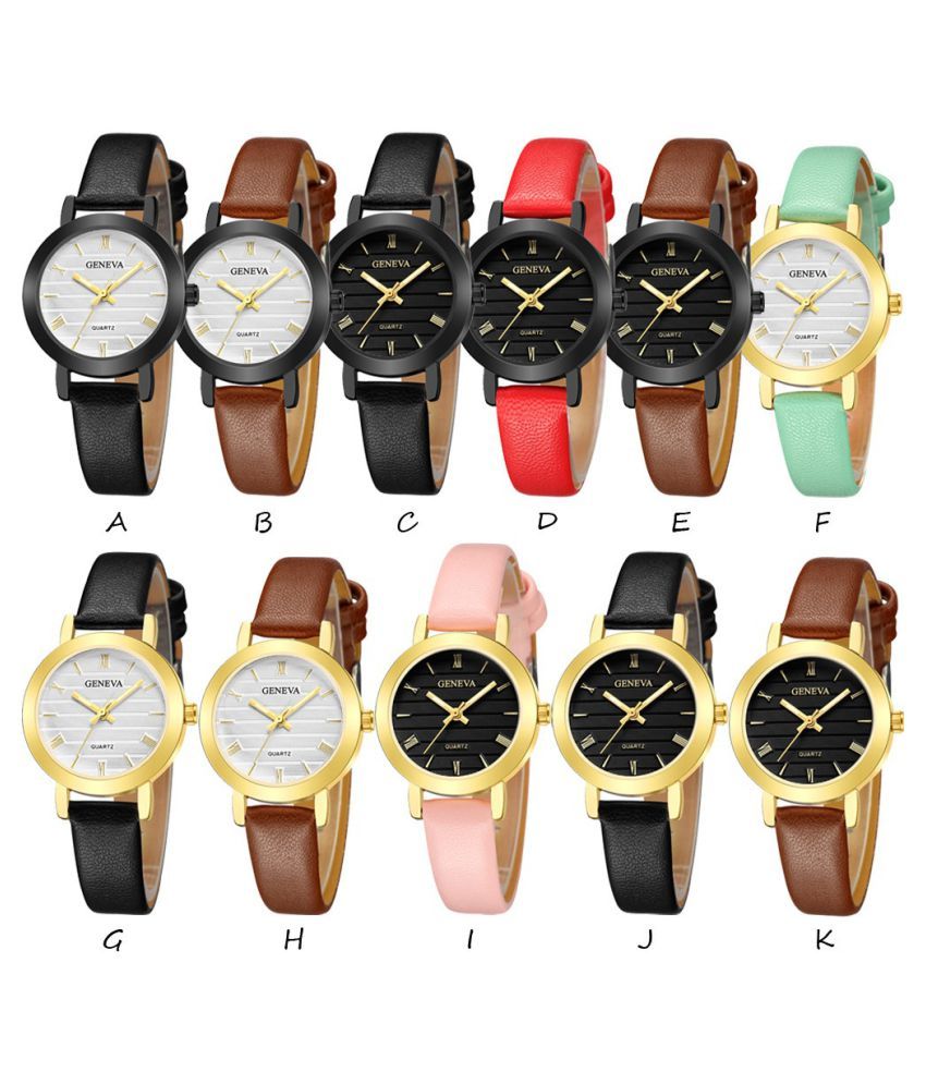 new fashion geneva women leather band stainless steel quartz analog wrist watch