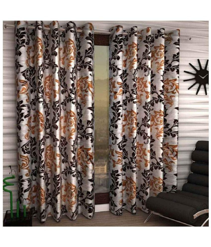     			Panipat Textile Hub Floral Semi-Transparent Eyelet Door Curtain 7 ft Pack of 8 -Brown