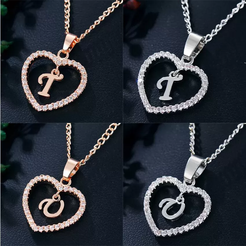 26 Alphabet Crystal Chain Heart Necklace Fashion Silver Gold Ladies Alloy  Love Chain Pendant Simple Lovers Letter Friendship Jewelry Accessories Gift