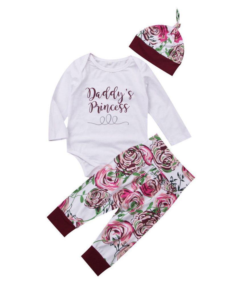 4Pcs Newborn Infant Baby Girl Letter Daddy Little Princess Romper Tops+Floral Pants Hat Clothes Set Hot Sale!