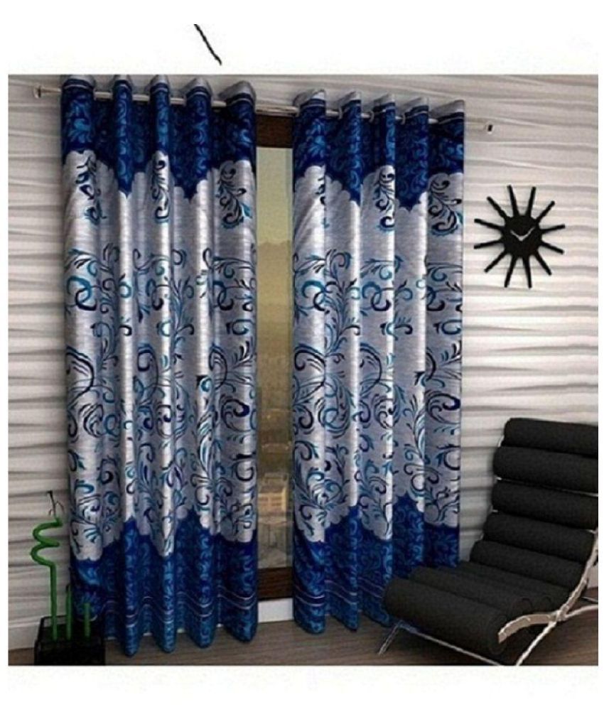     			Panipat Textile Hub Floral Semi-Transparent Eyelet Door Curtain 7 ft Pack of 6 -Blue