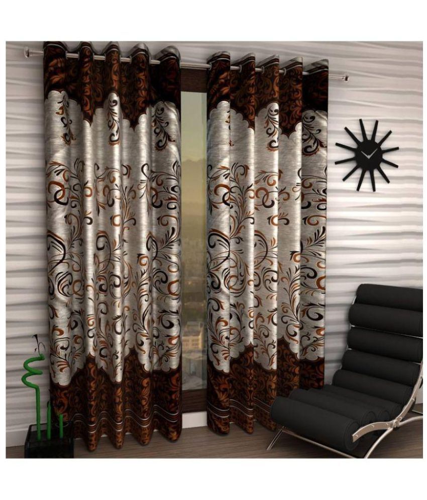     			Panipat Textile Hub Floral Semi-Transparent Eyelet Door Curtain 7 ft Pack of 6 -Brown