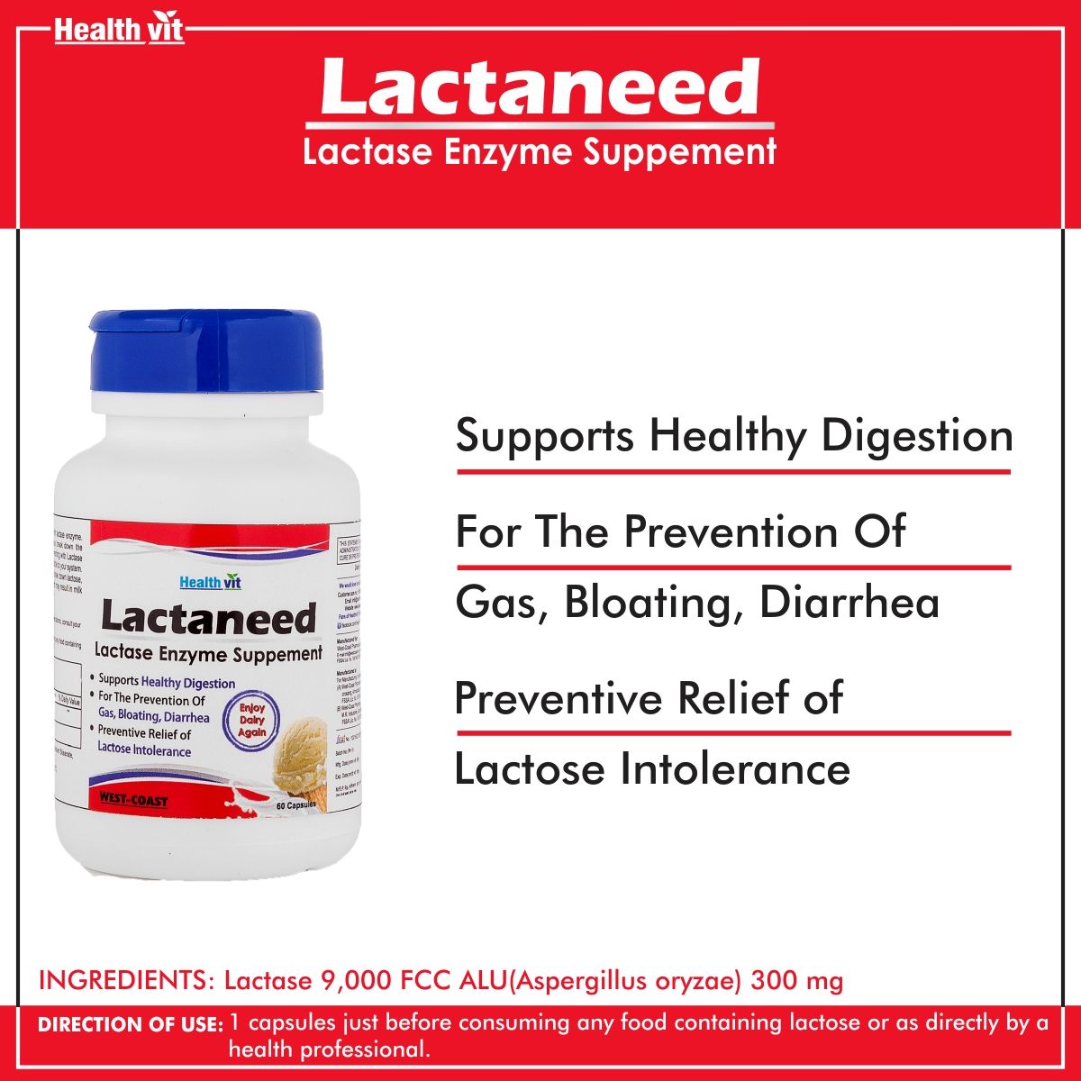 HealthVit Lactaneed Lactase Enzyme For Lactose Intolerance 60 no.s