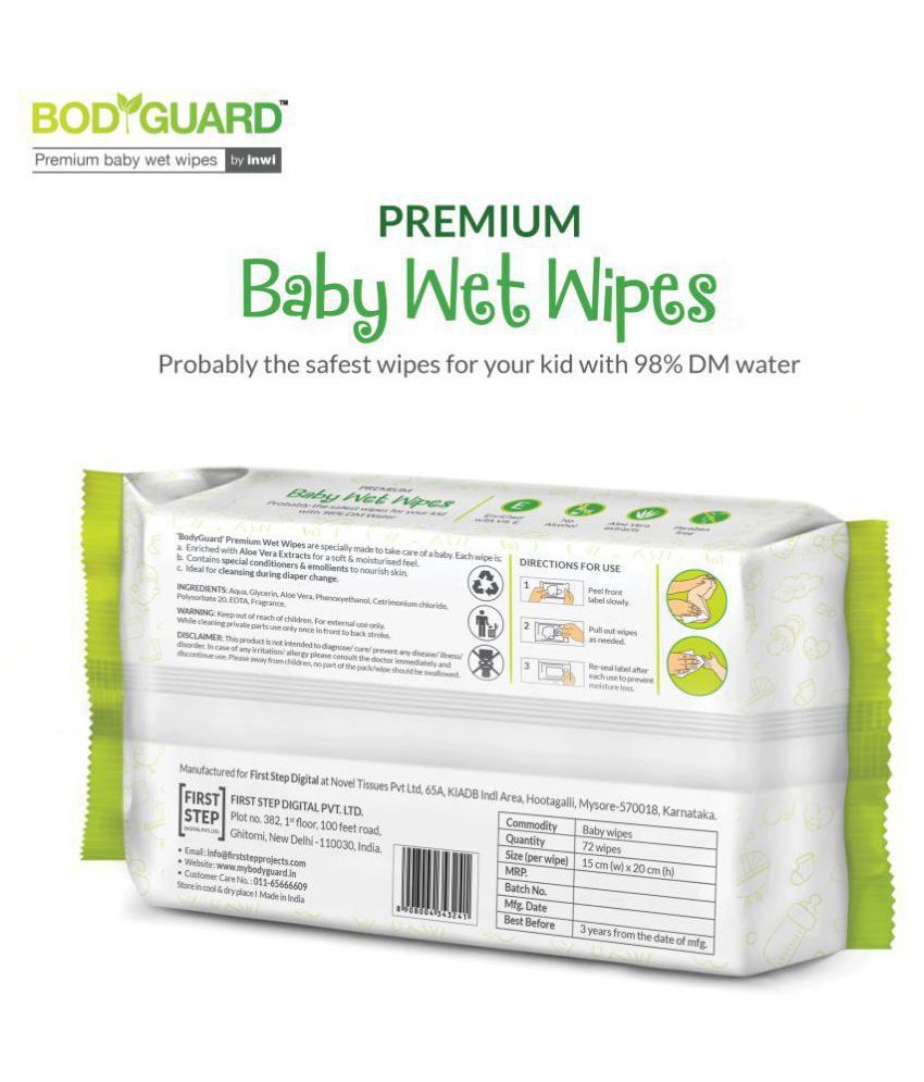 BodyGuard Premium Paraben Free Baby Wet Wipes with Aloe Vera 72 Wipes