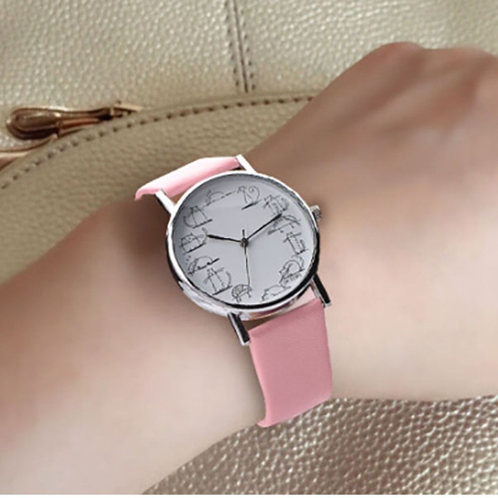 Variety Women Cartoon Cat Watch Leather Cute Pattern Quartz