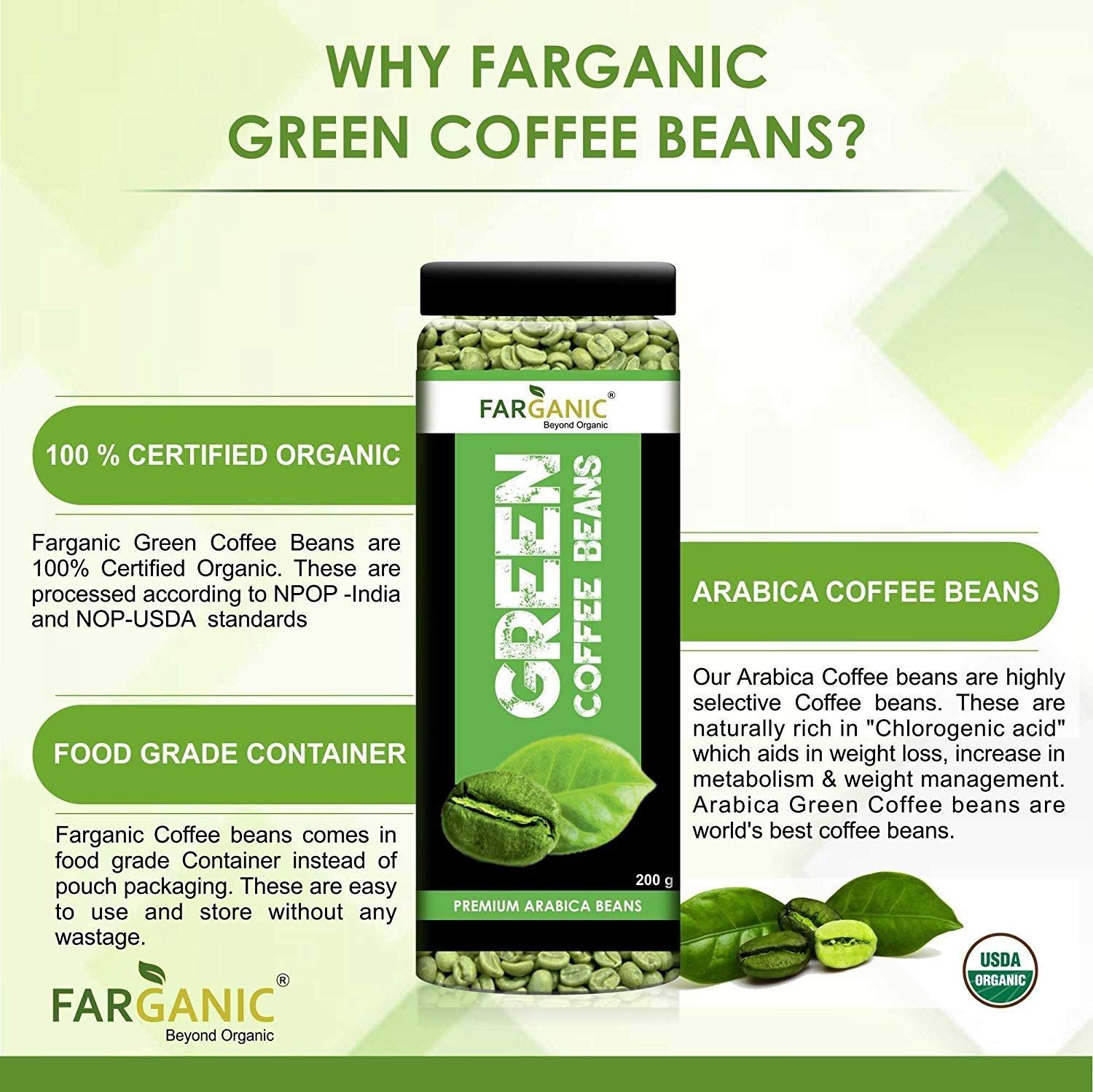 FARGANIC 100 Organic Arabica Green Coffee Beans for Weight Loss 500g