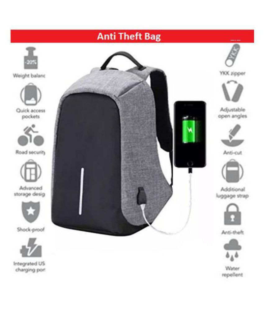     			Defloc Grey Anti Theft Backpacks College Bags With USB Charging Port- 15 Inch