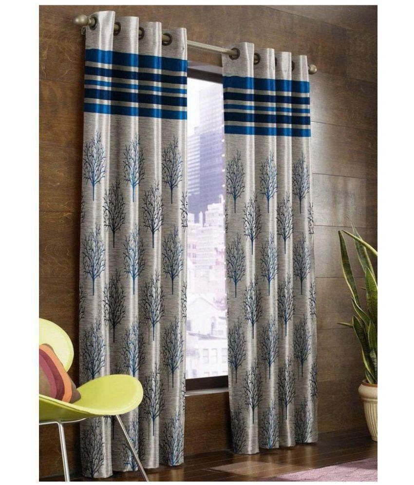     			Panipat Textile Hub Printed Blackout Eyelet Door Curtain 7 ft Pack of 2 -Blue