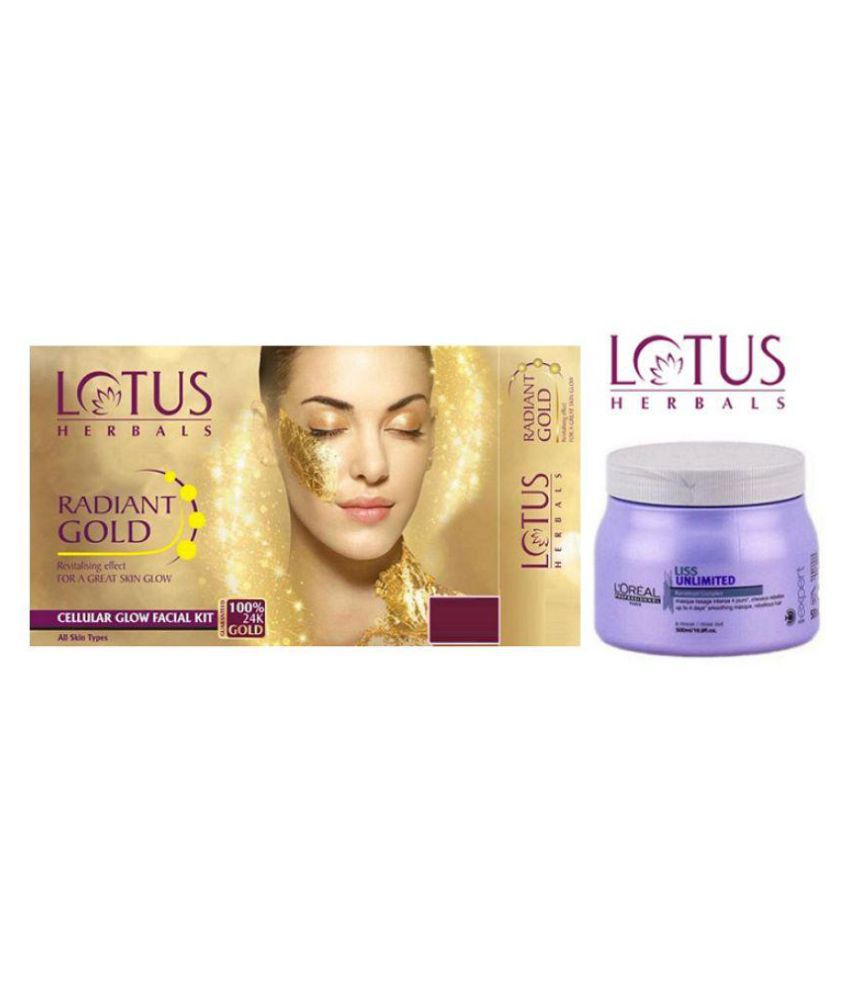 Lotus Herbal Radiant Gold Cullular Glow Facial Kit & Loreal Professional  Liss Unlimited Hair Spa Facial Kit 550 gm: Buy Lotus Herbal Radiant Gold  Cullular Glow Facial Kit & Loreal Professional Liss