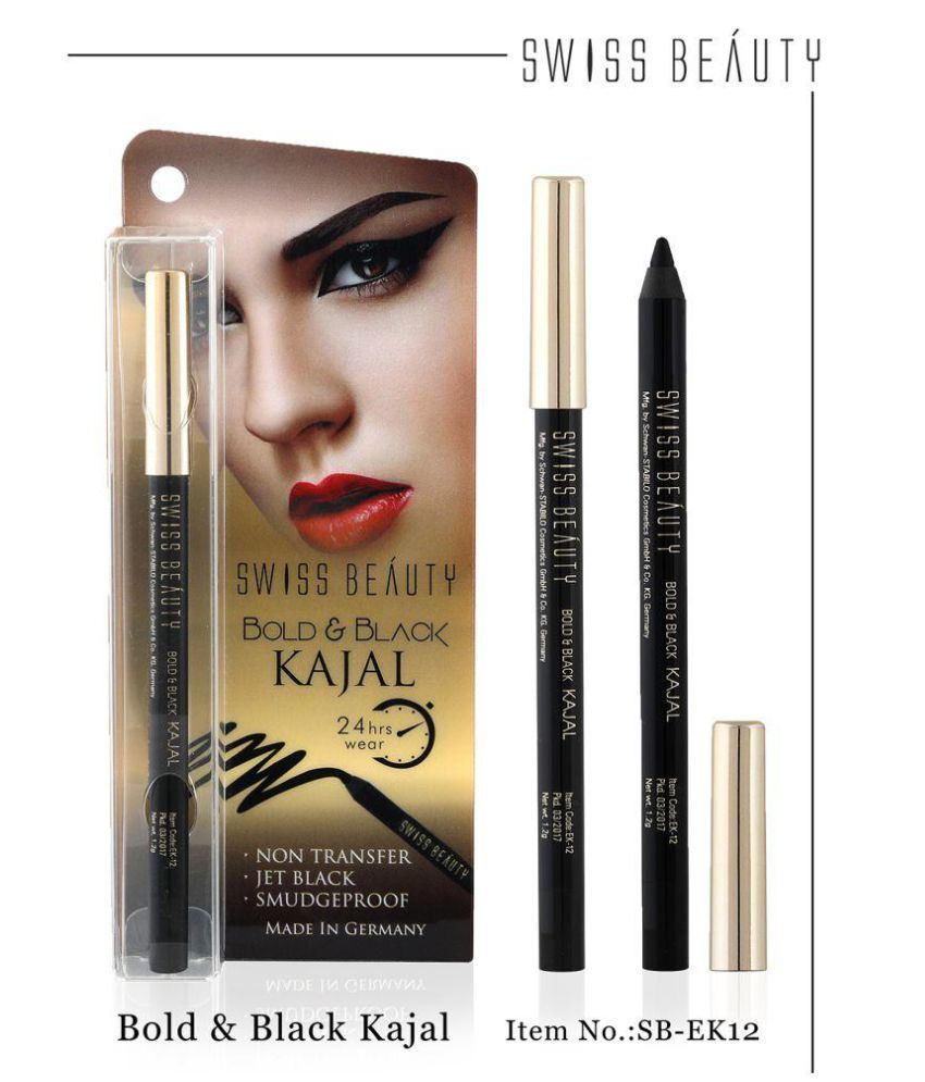 Swiss Beauty 24 Hours Bold and Black Smudge Proof Kajal - Jet Black ...