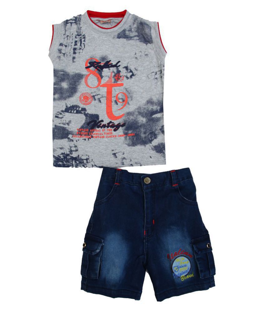     			Zadmus Baby Boys Cotton T - Shirt & Denim Shorts Dress (Red, 6 - 12 Months)