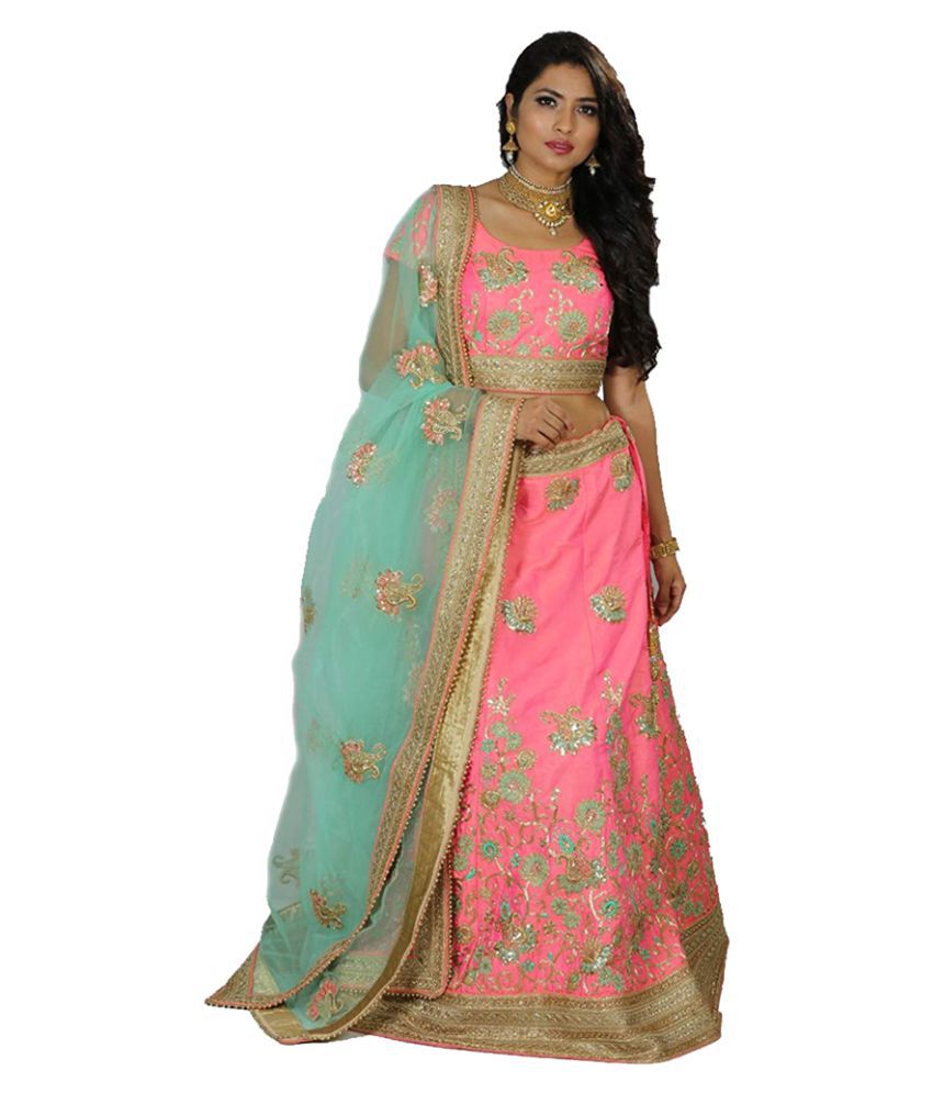 Bridaal Royal Green and Pink Silk Semi Stitched Lehenga - Buy Bridaal ...