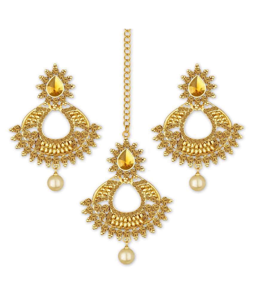     			Spargz Traditional Gold Plated Synthetic Stone Dangle Earring With Maangtikka For Women