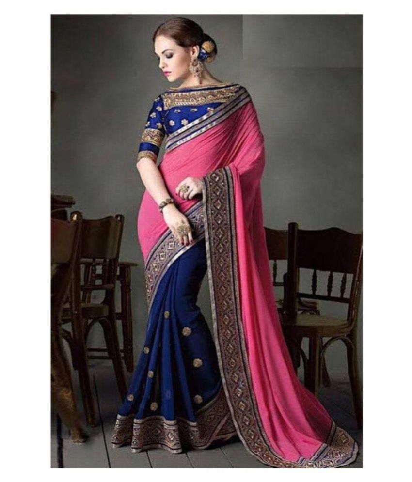 Party-Wear Bollywood Sadi Blue and Pink Cotton Silk Saree - Buy Party-Wear Bollywood Sadi Blue 