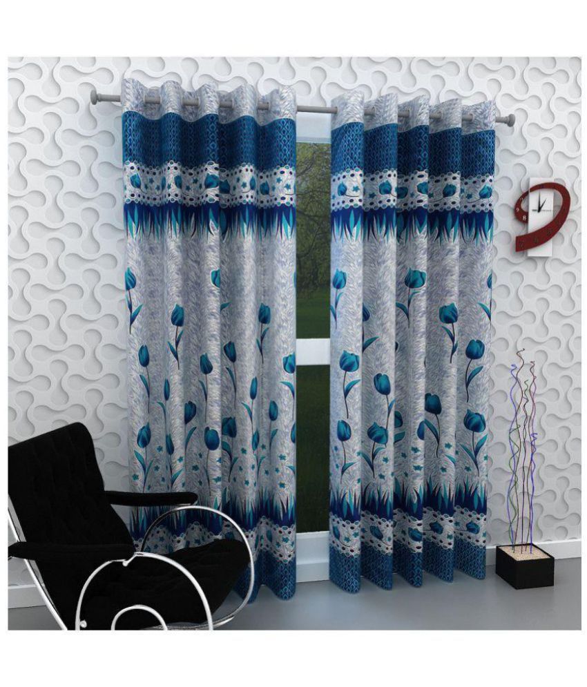     			Panipat Textile Hub Floral Semi-Transparent Eyelet Door Curtain 7 ft Pack of 4 -Blue