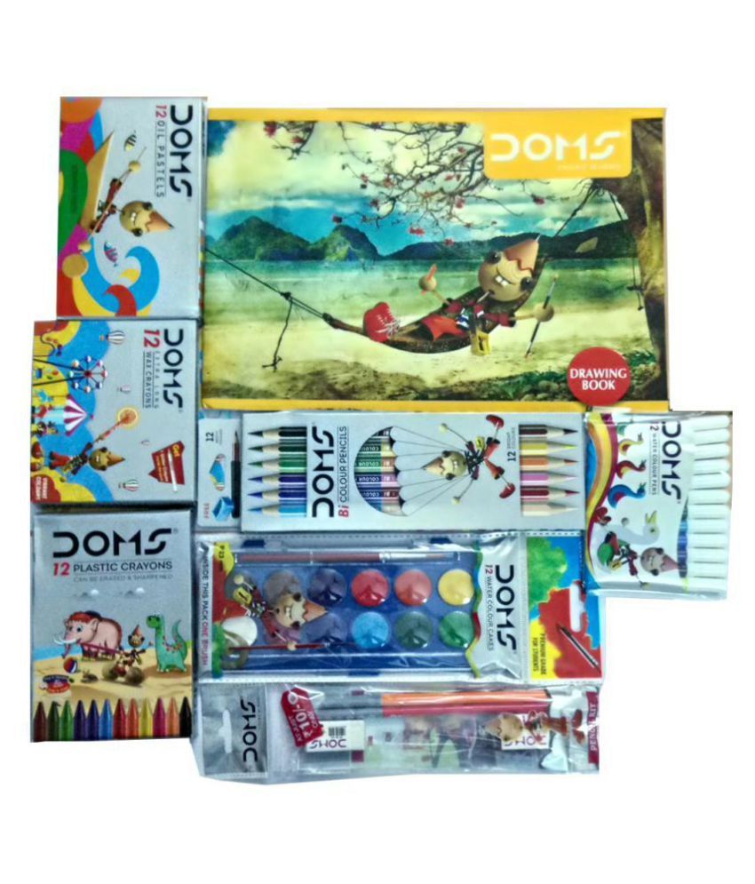 DOMS DRAWING BOOK +DOMS 12 SHADE COLOUR BOOK WATER CAKES +DOMS 12 BI