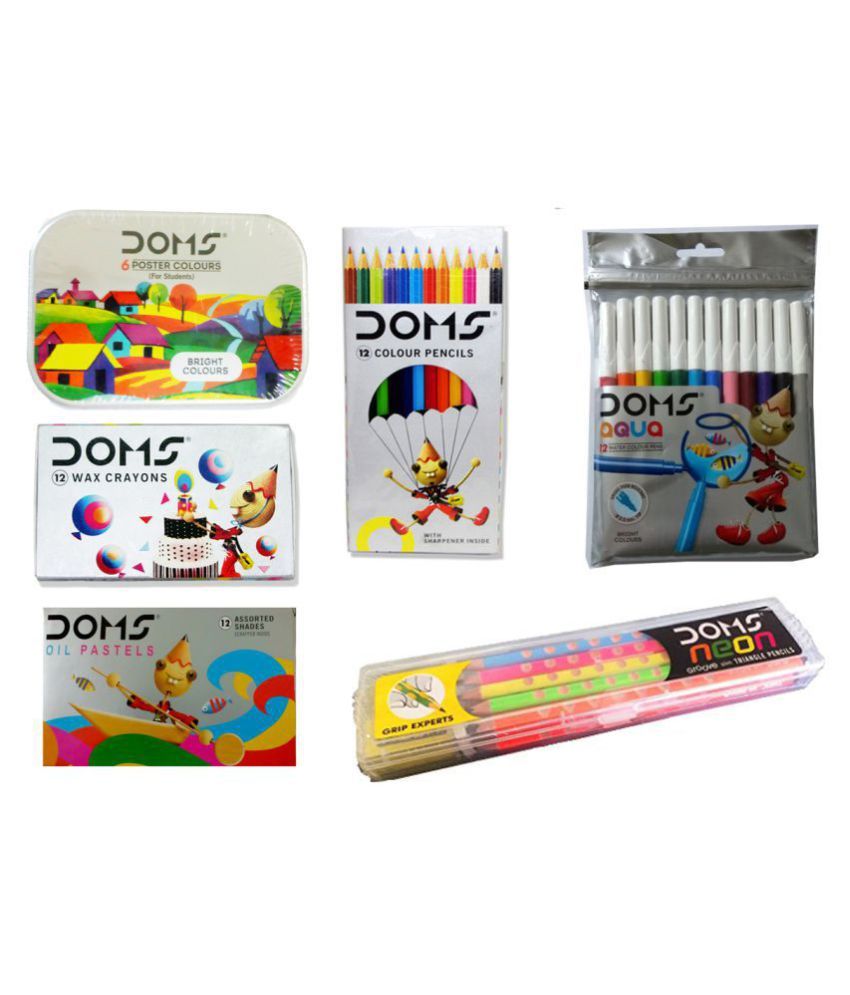 COMBO PACK OF DOMS POSTER COLOUR 6 SHADES + DOMS 12 WAX CRAYONS + DOMS