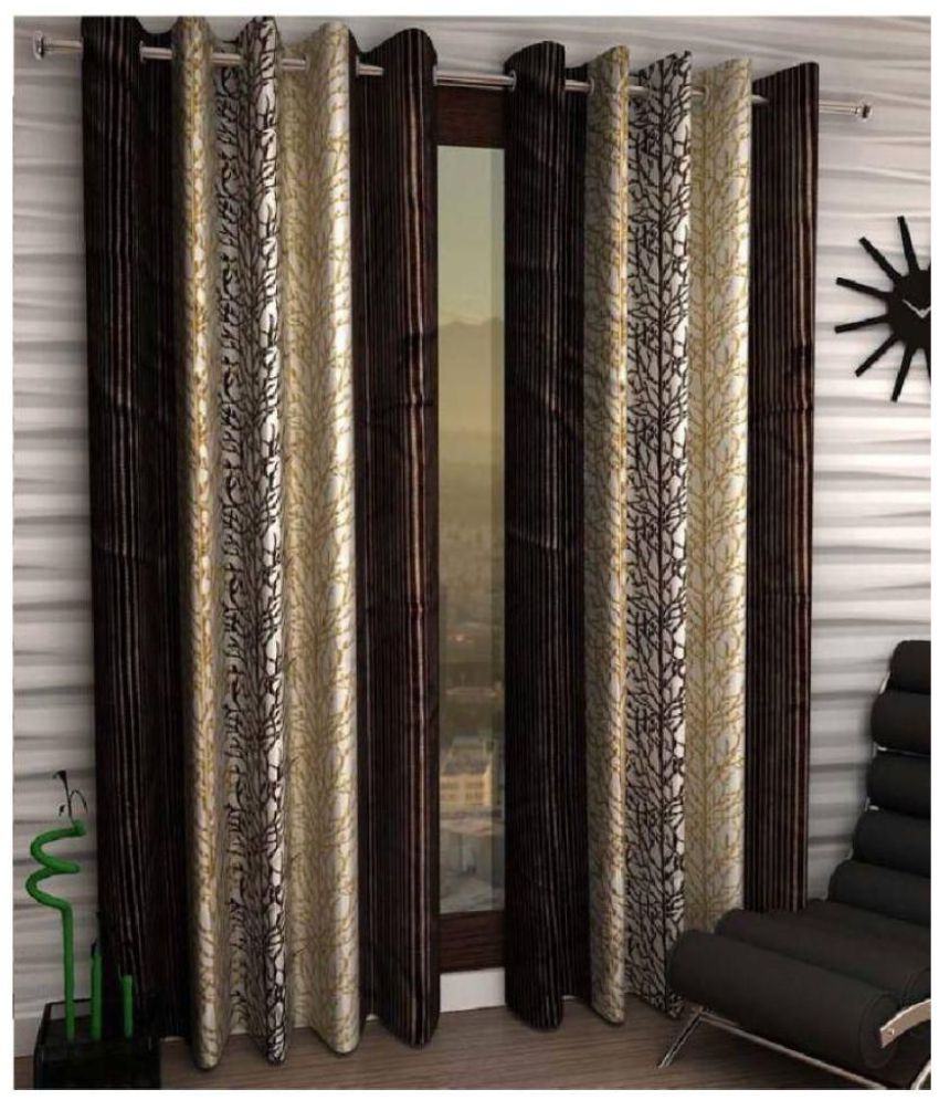     			Phyto Home Floral Semi-Transparent Eyelet Long Door Curtain 9 ft Pack of 2 -Brown